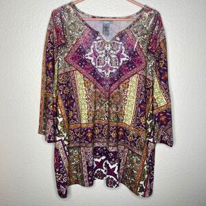 Catherines quarter sleeve vneck top artsy lace fairy stretch geometric casual 1x